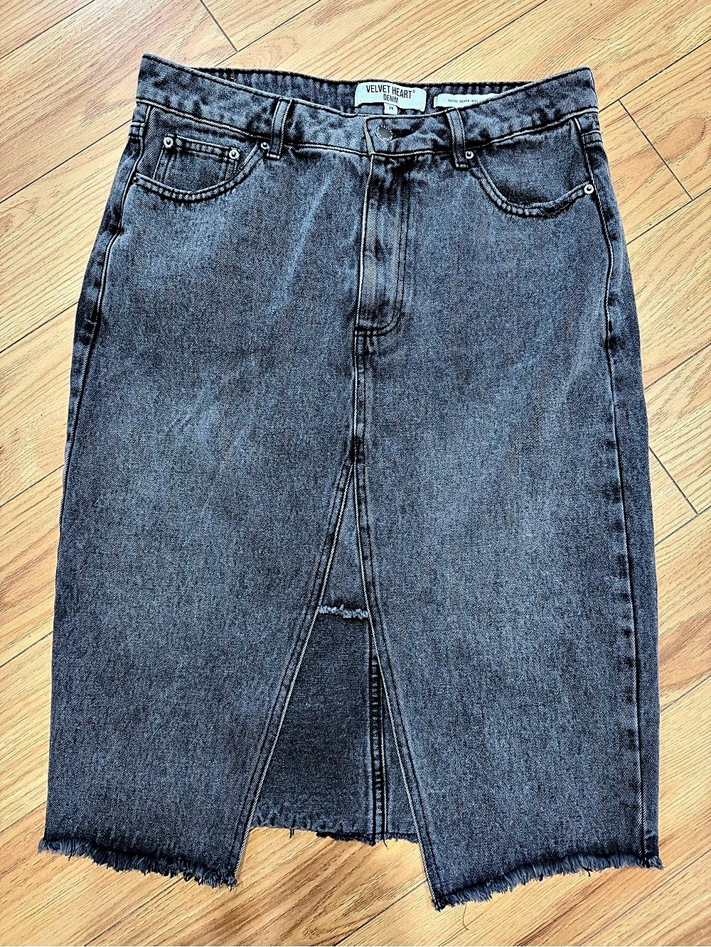 Velvet Heart Denim Midi Skirt Raw Hem Waist 28